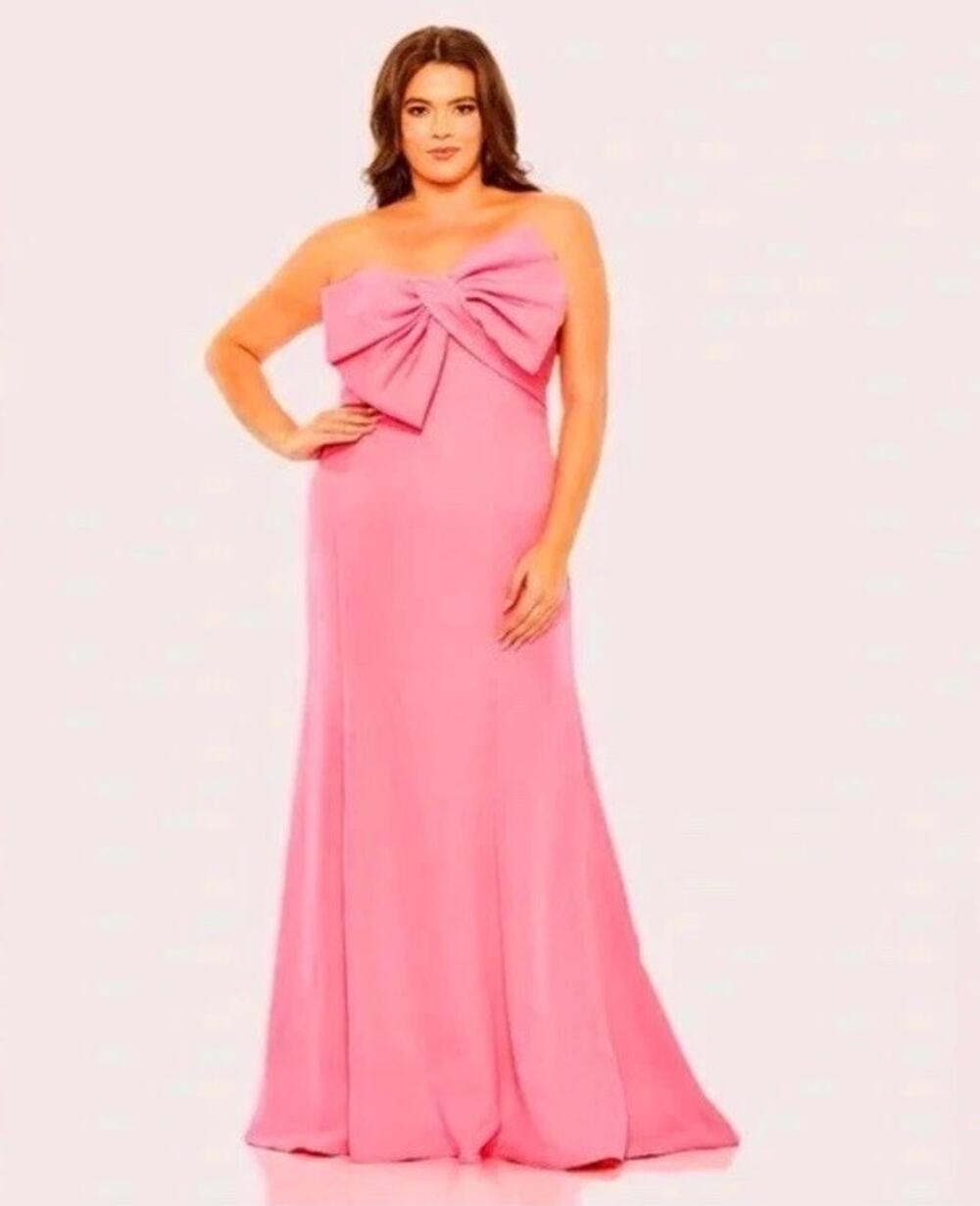 Mac Duggal Candy Pink Bow Front Strapless Crepe Gown 16W Special Occasion Party